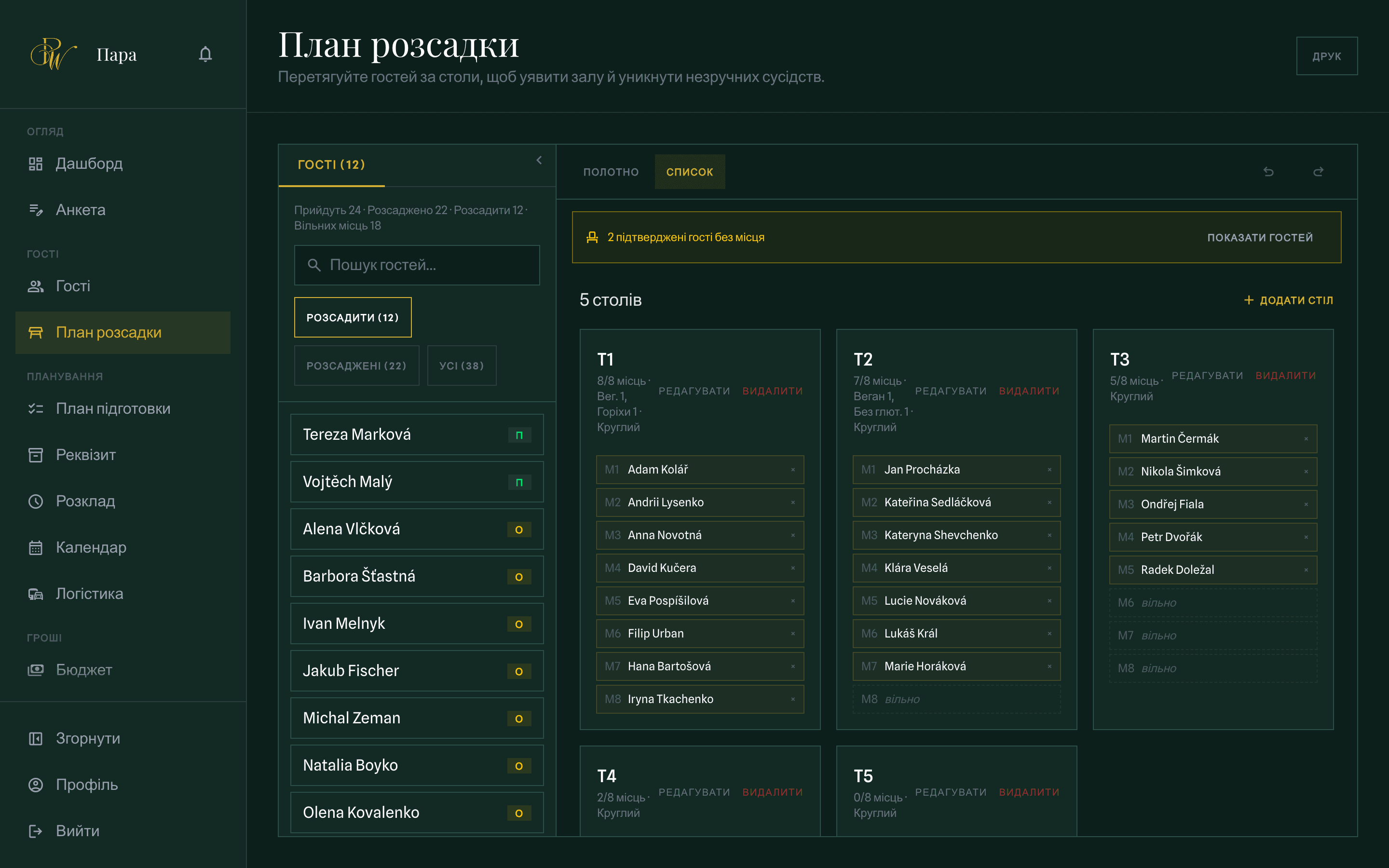 Планувальник розсадки: круглі столи на плані локації та список гостей без місця поруч