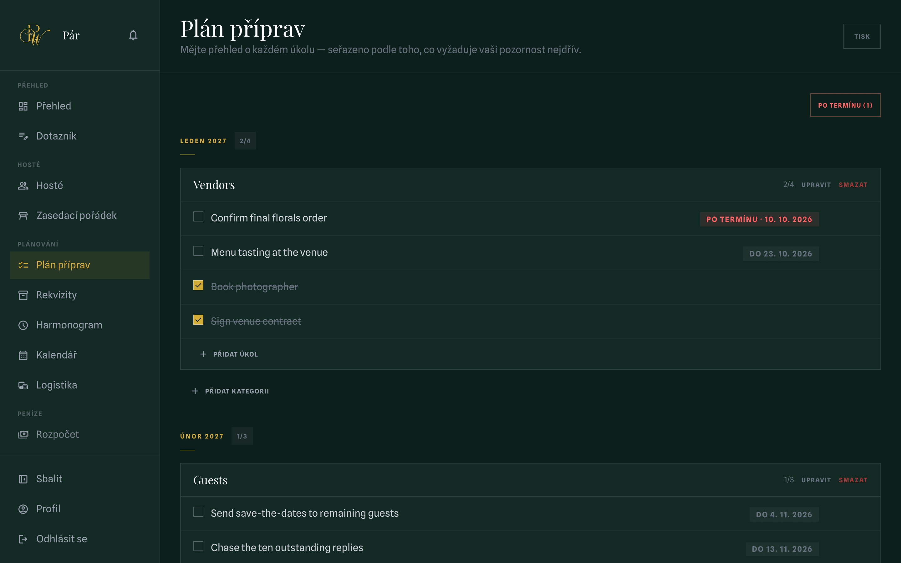 Checklist s otevřenými úkoly a jejich termíny nad seznamem hotových