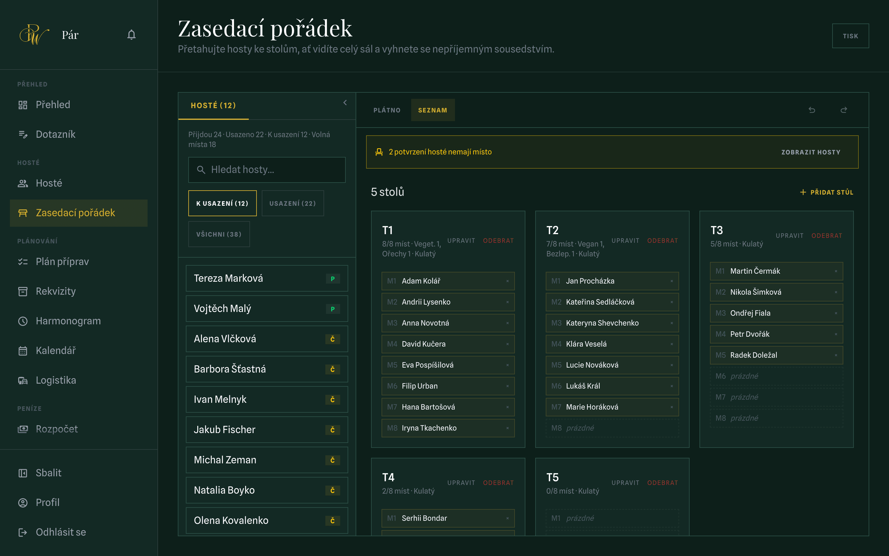 Plánovač zasedacího pořádku s kulatými stoly v plánu místa a seznamem dosud neusazených hostů