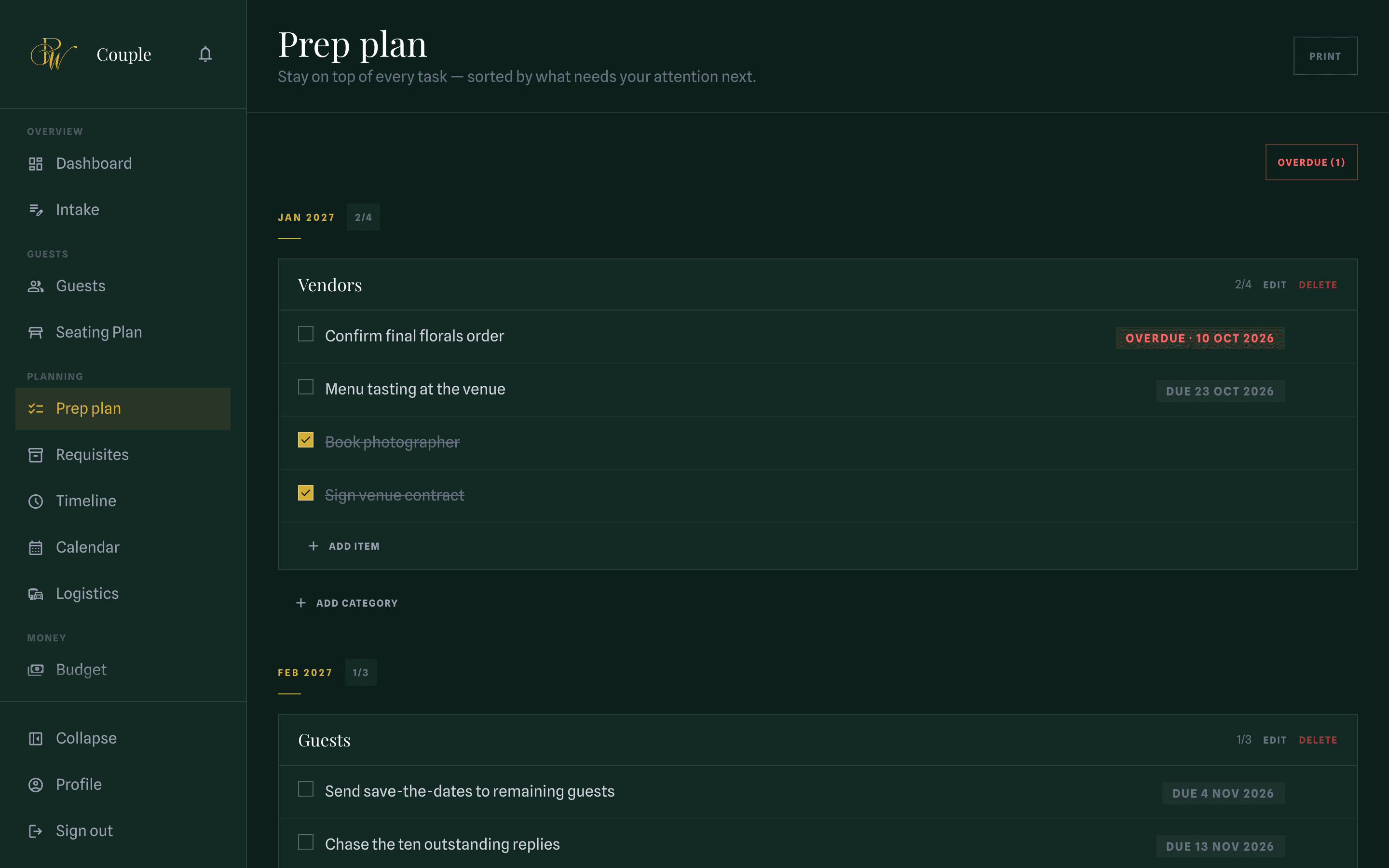 The checklist, showing open tasks with their deadlines above a list of completed ones