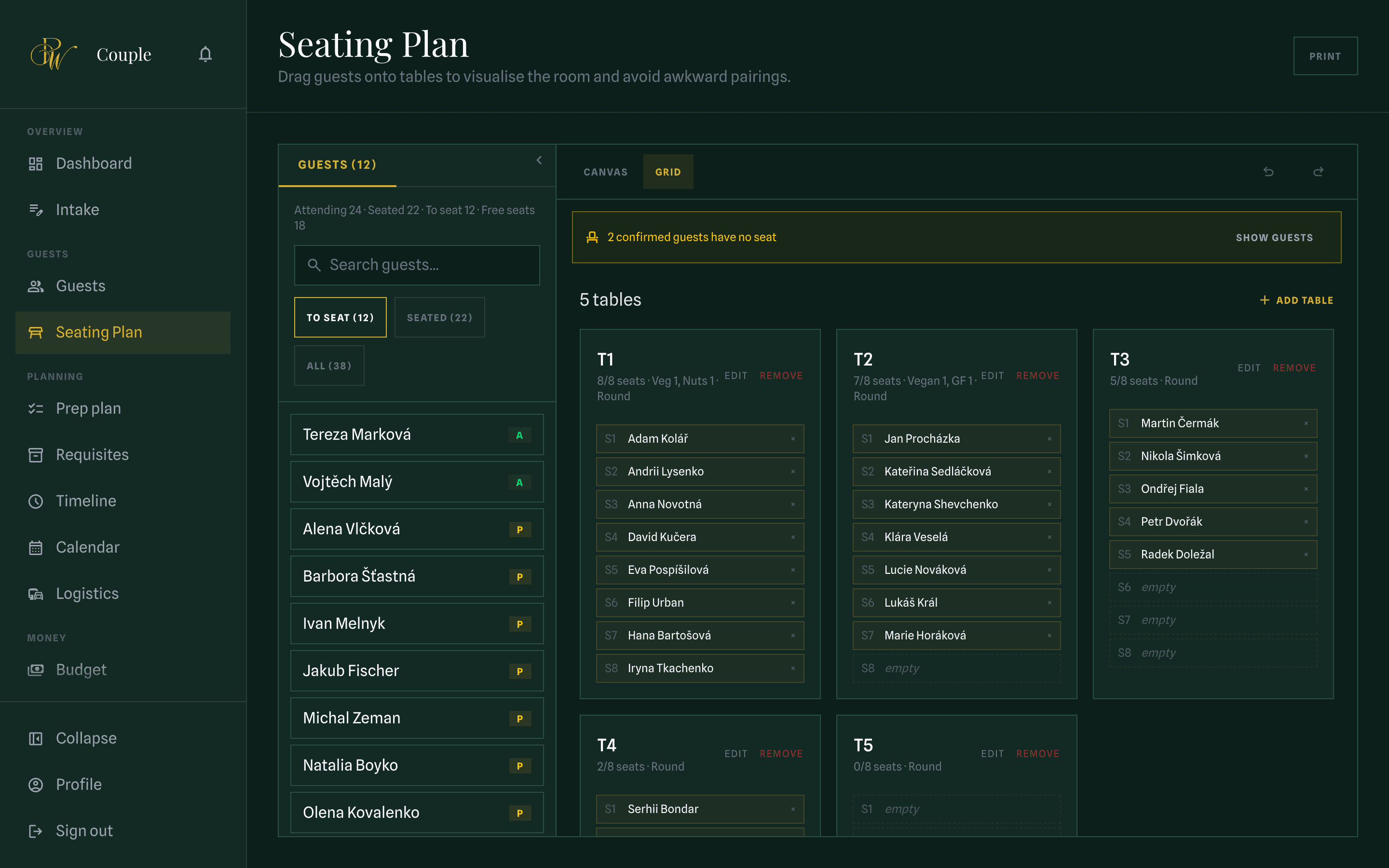 The seating planner, with round tables on a venue plan and a list of unseated guests alongside