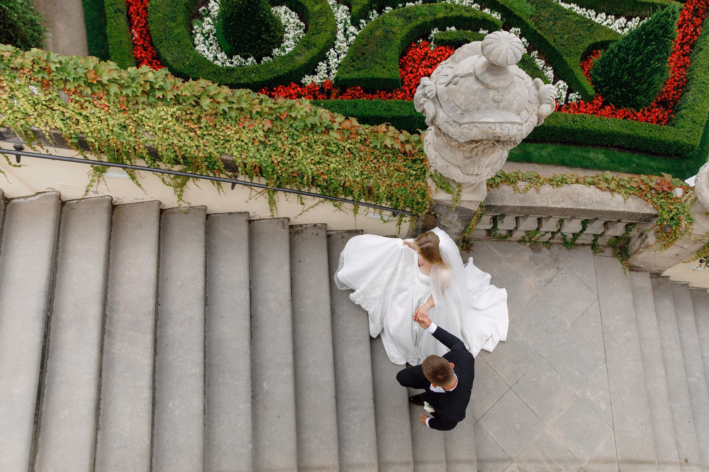 Elegant bride and groom at Prague wedding venue